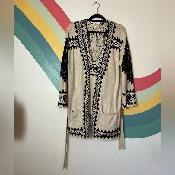 ANTHROPOLOGIE Sloane Rouge Open Front Tie Aztec Print Thunderbird Cardigan Set - Picture 6 of 12